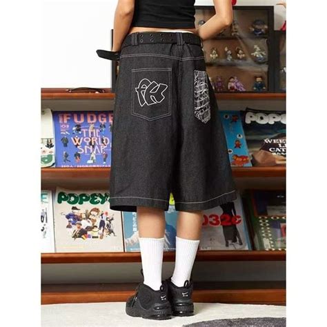 QWEEK Y2k Vintage Baggy Jorts Women Embroidery Hip Hop Gothic