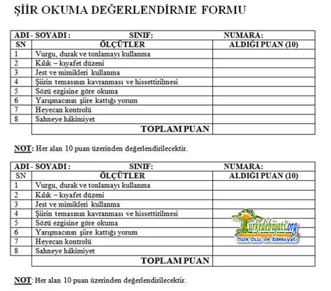 Şiir Okuma Yarışması Değerlendirme Formu Türk Dili ve Edebiyatı