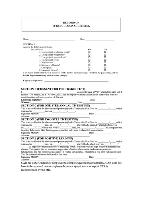 Fillable Record Of Tuberculosis Screening Form Ppd Printable Pdf Download