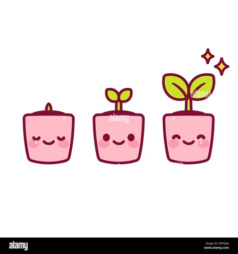 Growing kawaii baby plant illustration. Cute cartoon little potted plant with smiling face at ...