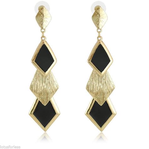 Stunning Long Black And Gold Tone Enamel Diamond Shaped Dangle Drop Earrings 9 Cms Earrings