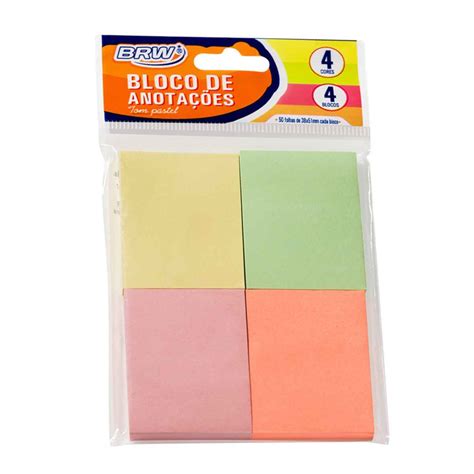 Bloco Adesivo C 04 Cores 38x51mm BRW Pastel 50 Folhas Cada BA3850