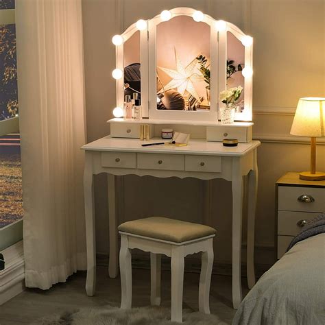 Vanity Table Set With Lighted Tri Folding Mirror And Cushion Stool Makeup Vanity Desk With 10 Led