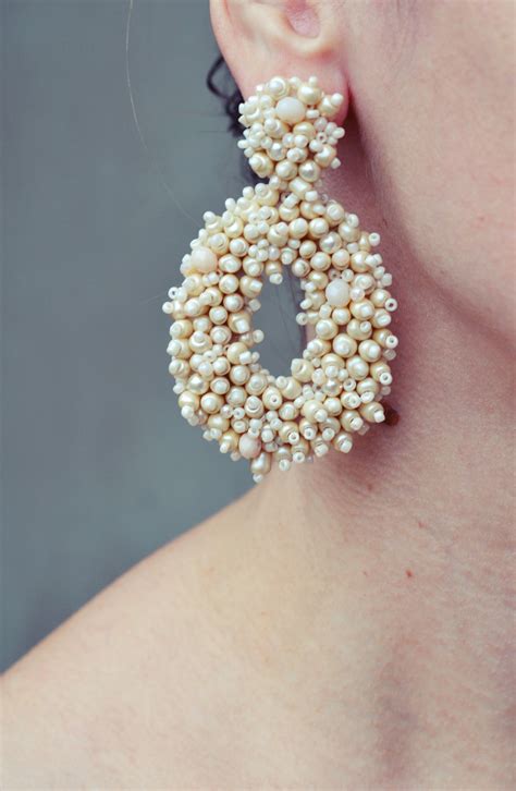 O Style Ivory Beige Beaded Oval Earrings Wedding Bridal Bride Etsy