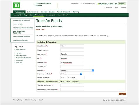 Visa Direct Send Money Online Td Canada Trust