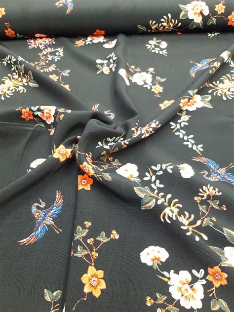 Mtr Ph Japanese Crane Cherry Blossom On Black Viscose Crepe Mtr