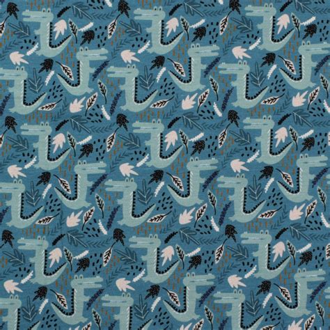 Tissu jersey de coton Crocodile Jungle Fräulein von Julie bleu pétrole