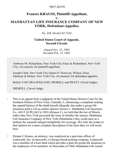Frances Krauss V Manhattan Life Insurance Company Of New York 700 F
