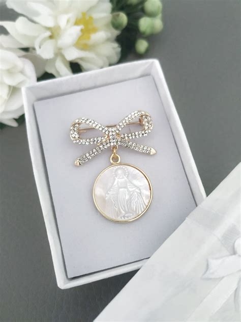 Gold Bow Crib Medal Baby Baptism Virgin Mary Mother Of Pearls Etsy