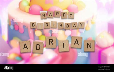 Happy Birthday Adrian card with wooden tiles text. Boys birthday card with colorful background ...