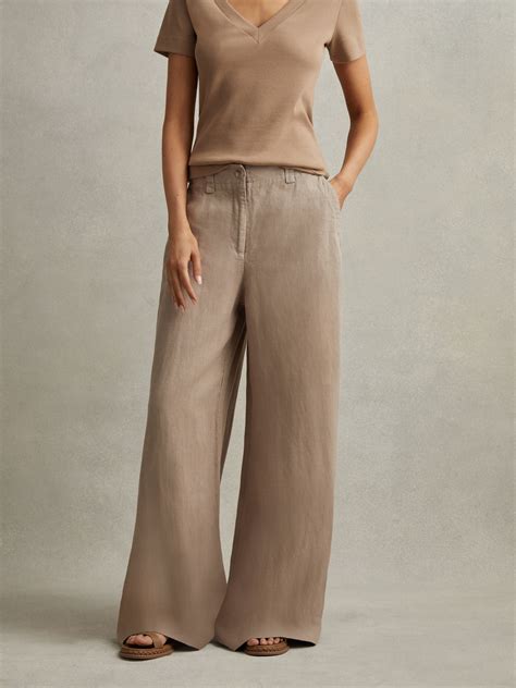 Linen Wide Leg Garment Dyed Trousers In Mink Neutral Reiss