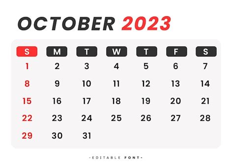 Calendario Mes Octubre 2023 Vector Premium