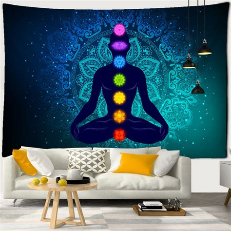 Indian Buddha Statue Meditation 7 Chakra Tapestry Wall Hanging Mandala