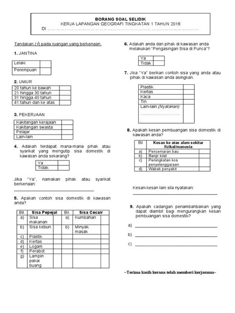 Borang Soal Selidik Kerja Lapangan Geografi Tingkatan 3 Contoh Borang Soal Selidik Geografi