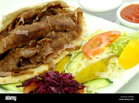 Lamb Doner Kebab In Pita With Salad Chilli Sauce Garlic Sauce Stock