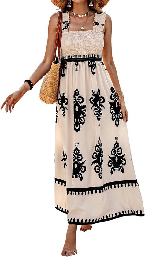 Chouyatou Womens Retro Smocked Bohemian Maxi Dress Floral Print