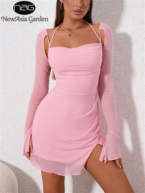 Newasia Sweet Mesh Full Sleeve Pink Dress Women Sexy Solid Backless