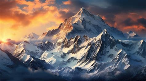 Premium AI Image Majestic Mountain Range With Snow Capped Peaks