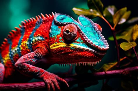 Premium AI Image | Closeup view of a brilliantly colorful chameleon lizard displaying its ...