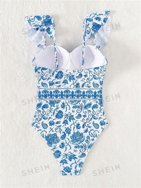 Shein Swim Floral Print Ruffle Trim Push Up One Piece Swimsuit Shein Usa