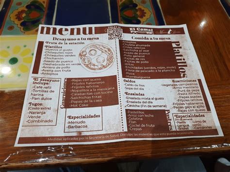 Carta de Restaurante El Comal María Bonita Ciudad Juarez