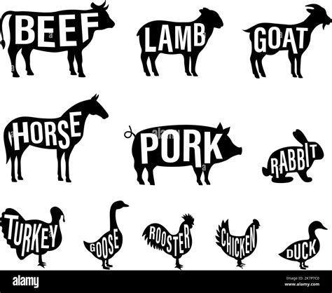 Set Of Farm Animal Silhouette With Lettering Pig Horse Turkey Goat