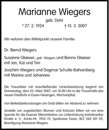 Traueranzeigen Von Marianne Wiegers Trauer In Nrw De