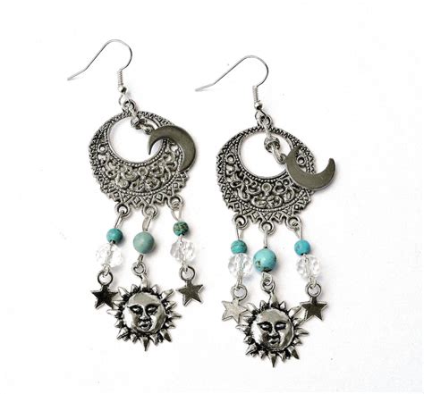 Silver And Turquoise Moon Sun Stars Dangle Earrings Boho Etsy