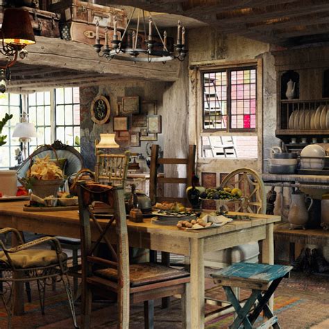 Rustic Cabin Kitchen and Dining Room with Vintage Charm