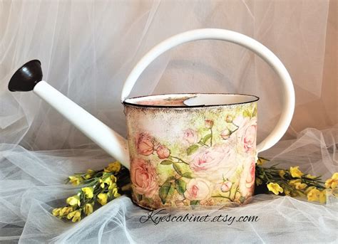 Decoupage Watering Can Pink Rose Garden Metal Watering Can With