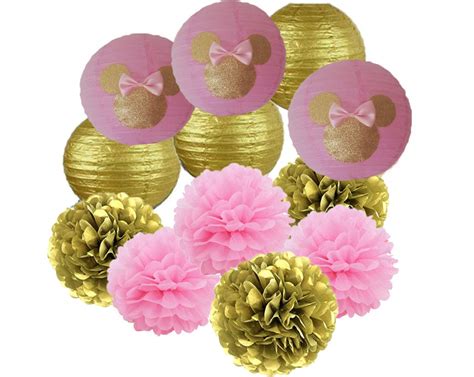 Buy 12pcs Pink And Gold Glitter Minnie Paper Flowers Pom Poms Balls And