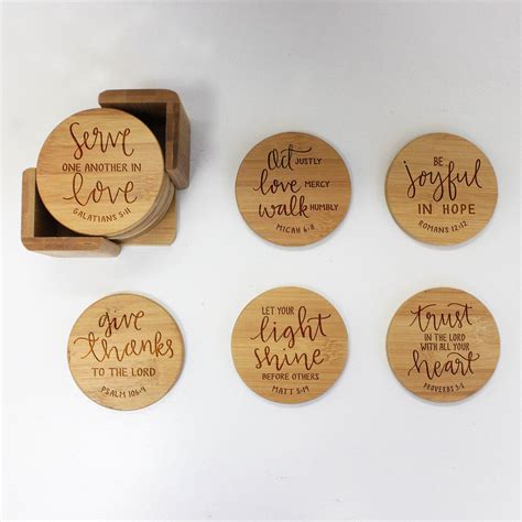 Engraved Bamboo Coaster Set Bible Verse Calligraphy Stamp Out