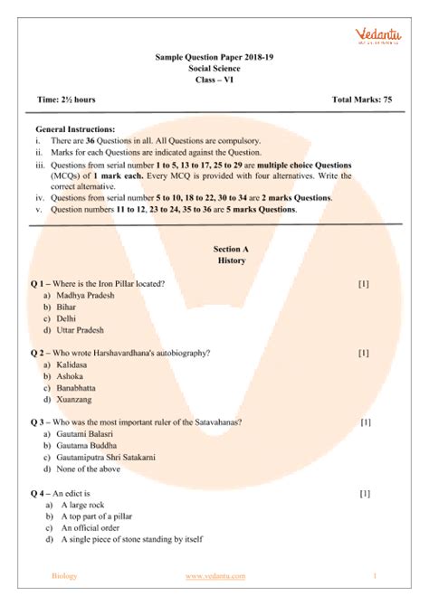 Cbse Sample Paper For Class 6 Social Science With Solutions Mock Paper 1