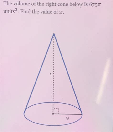 Solved The Volume Of The Right Cone Below Is Units Find The