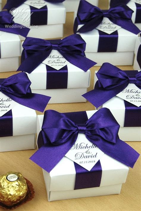 Purple Wedding Favor Personalized Boxes With Satin Ribbon Etsy