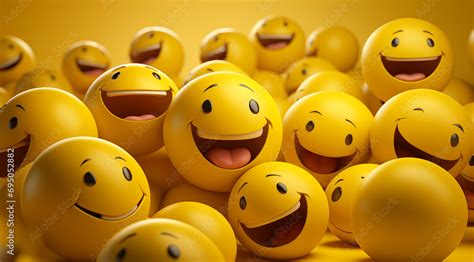 Group Of Happy Yellow Smiley Faces Balls Emoji D Illustration Stock