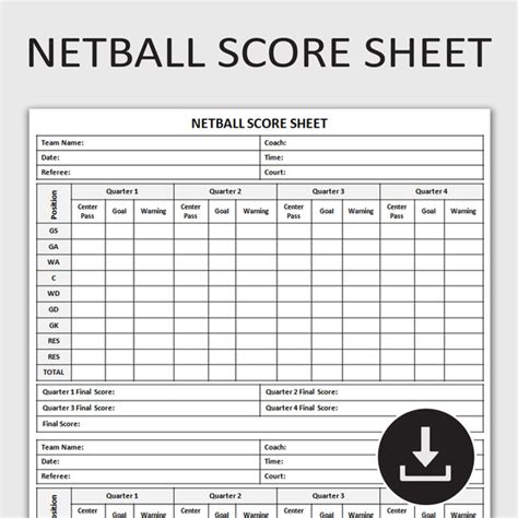 Printable Netball Score Sheet Netball Game Tracker Netball Inspire