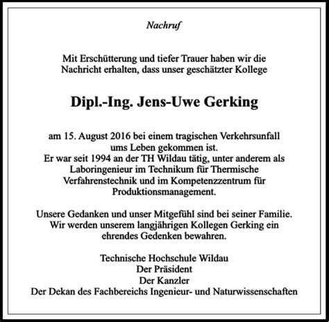 Traueranzeigen Von Dipl Ing Jens Uwe Gerking Trauer Anzeigen De