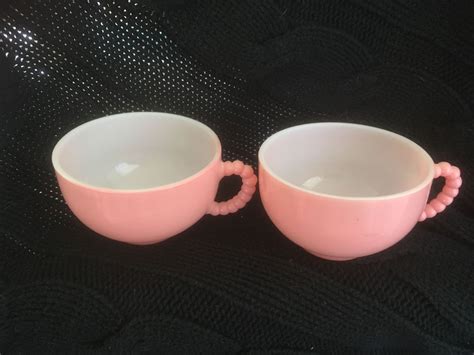 Pink Ripple Crinoline Cups With Ribbed Handles And Saucers Hazel Atlas