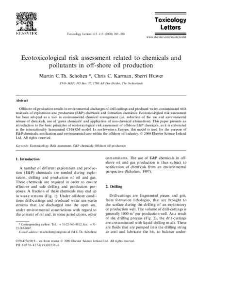 Pdf Ecotoxicological Risk Assessment Related To Chemicals And Pollutants In Off Shore Oil