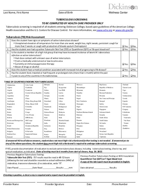 Fillable Online Tuberculosis Screening To Be Completed By Health Fax