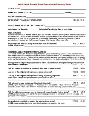 Fillable Online Institutional Review Board Submission Summary Form Fax