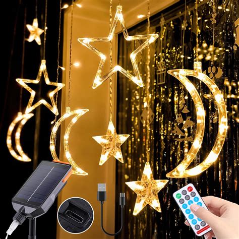 Mdedl Solar Curtain Lights Led Moons Stars String Lights Led