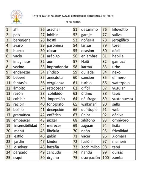 Lista De Las 100 Palabras Para El Concurso De Ortografia Y Deletreo Pdf