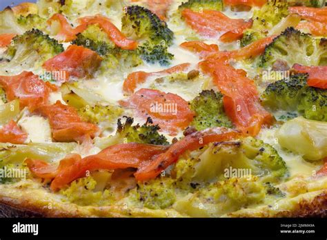 Open Pie With Salmon And Broccoli Closeup Homemade Quiche Stock Photo