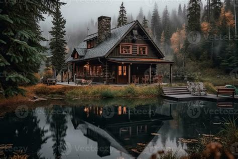 Old Wooden House On The Lake In The Middle Of The Forest Stock