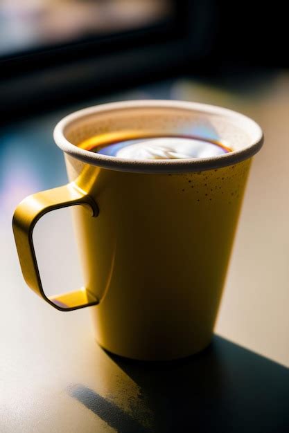 Premium AI Image A Yellow Coffee Cup Sitting On Top Of A Table