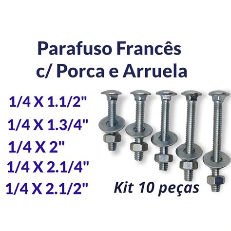 Parafuso Francês 1 4 c Porca e Arruela 10 peças Escorrega o Preço