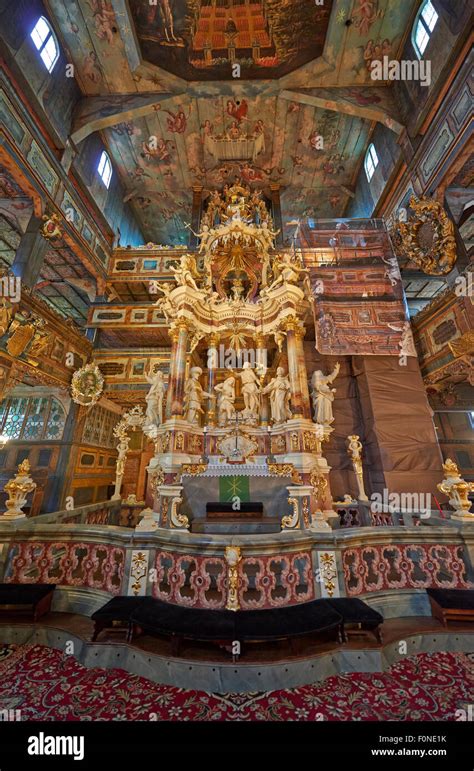 Interior Shot Of Magnificently Decorated Wooden Protestant Church Of