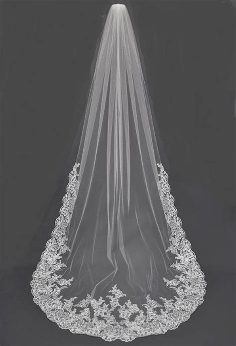 Royal Cathedral Wedding Veil With Floral Lace Edge And Applique Cathedral Wedding Veils Long